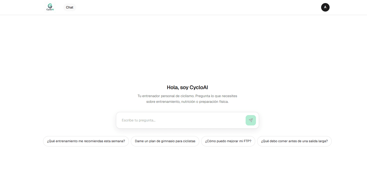 Pantalla principal del chat de CycloAI mostrando el asistente de entrenamiento